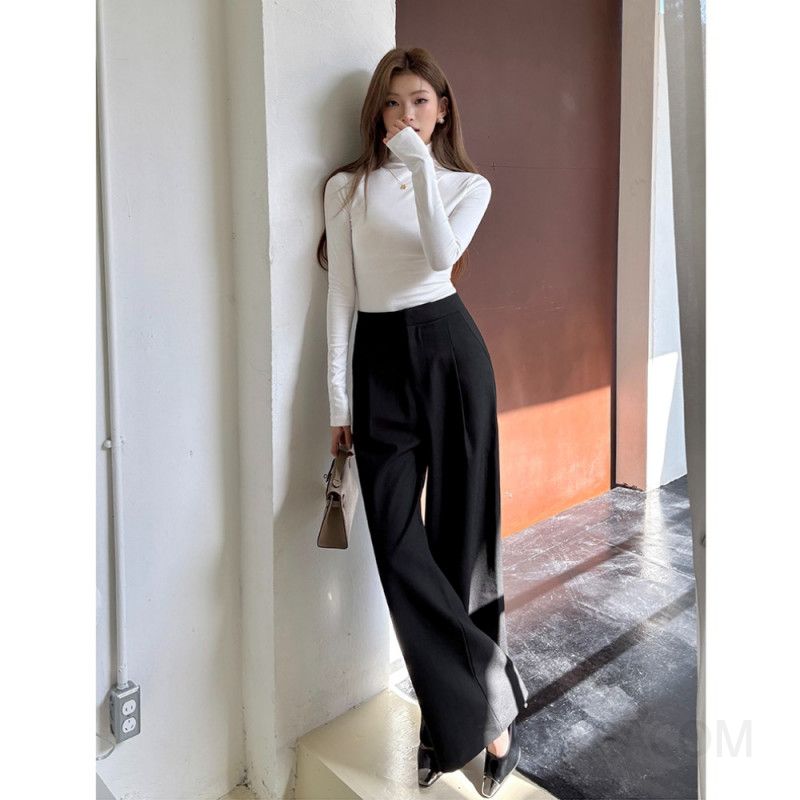 하이웨스트 와이드팬츠 여성 가을 겨울용 캐주얼 루즈핏 편안한 착용감 모직 소재 데일리 활용도 높은 스타일리시한 팬츠 - 상세 이미지 2