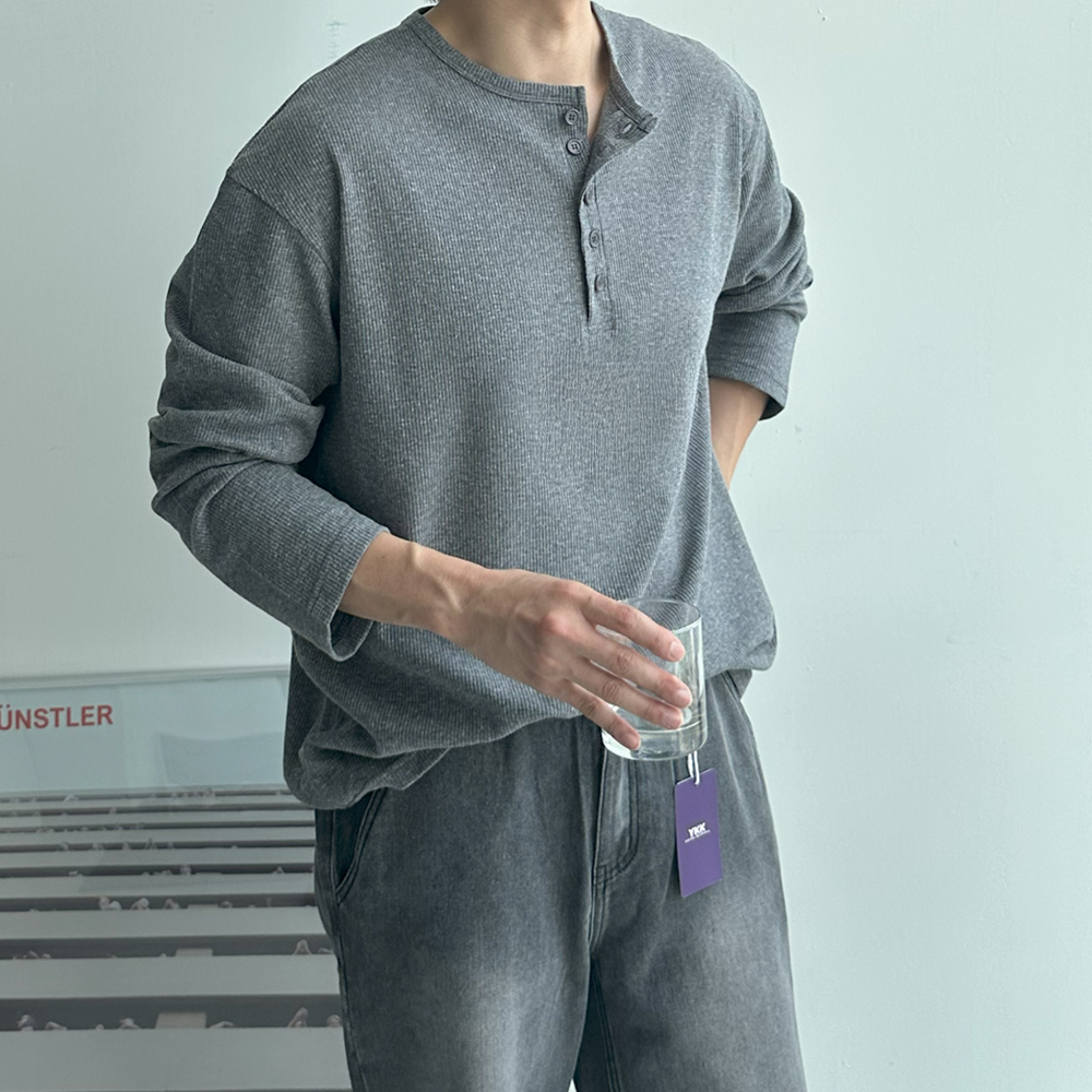 피케 티셔츠 남자 긴팔티 구김없는 와플 오버핏 헨리넥 티셔츠 - 상세 이미지 2
