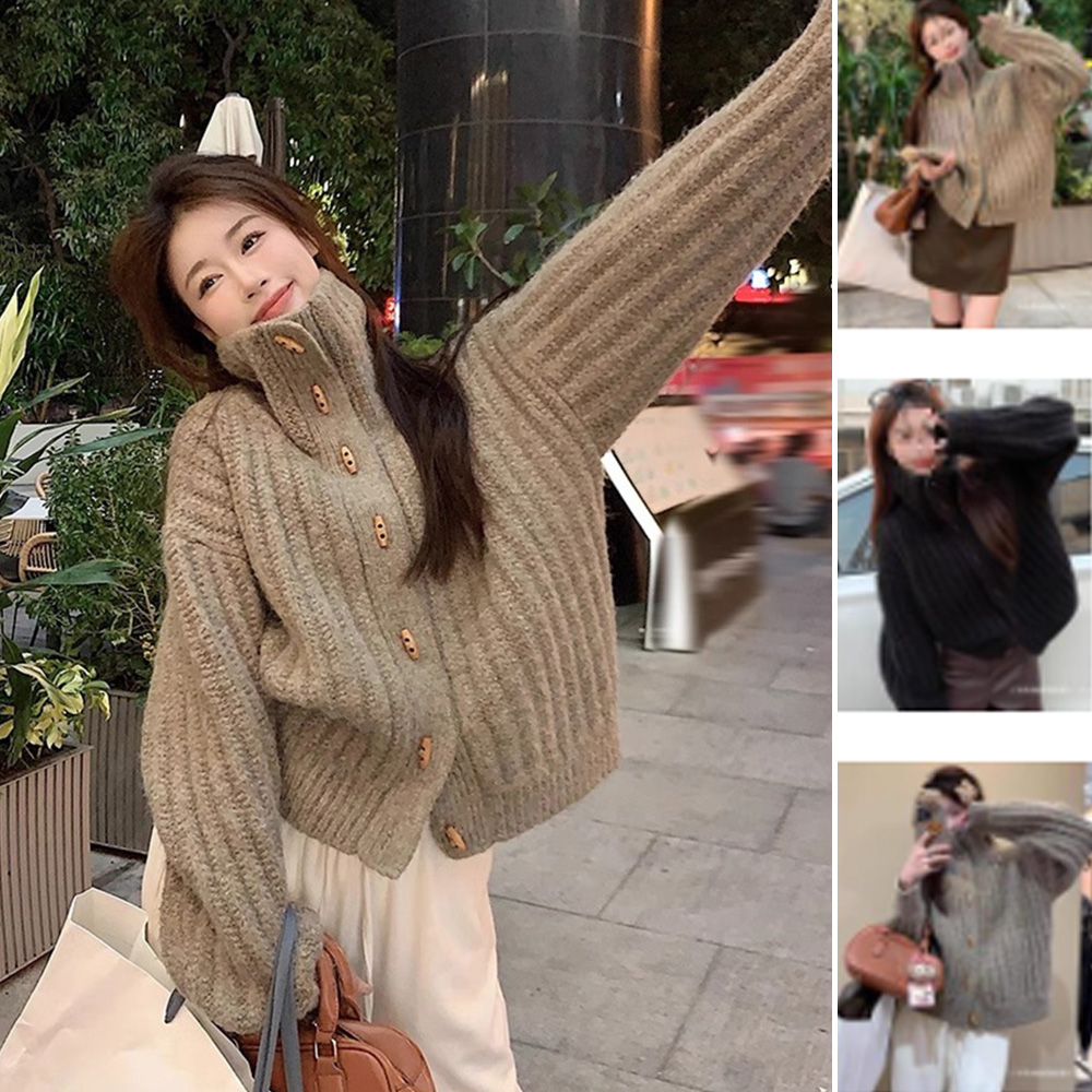 긴팔 니트가디건 가을 겨울 꽈배기 레이어드 하이넥 오버핏 부클 이미지 8