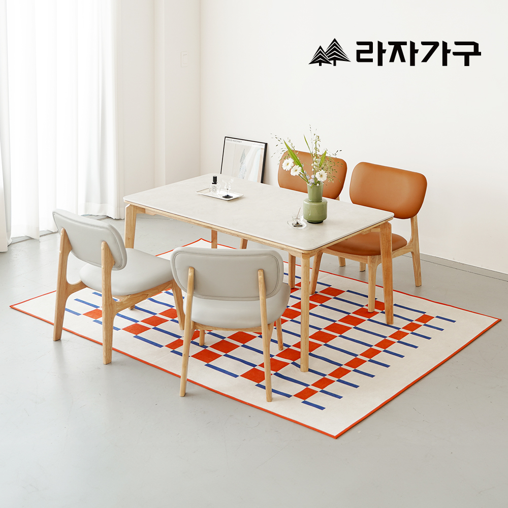 라자가구 브레드 포세린 세라믹 원목 낮은 식탁세트 테이블 거실 다이닝 화이트세라믹식탁+의자4, 1400mm, 의자-오렌지브라운