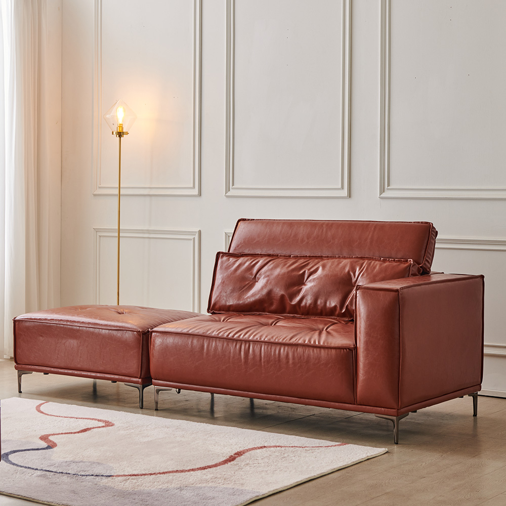 동서가구 브루클린 레트로 클래식 가죽 소파 스툴포함, 와인_좌형, 2인용