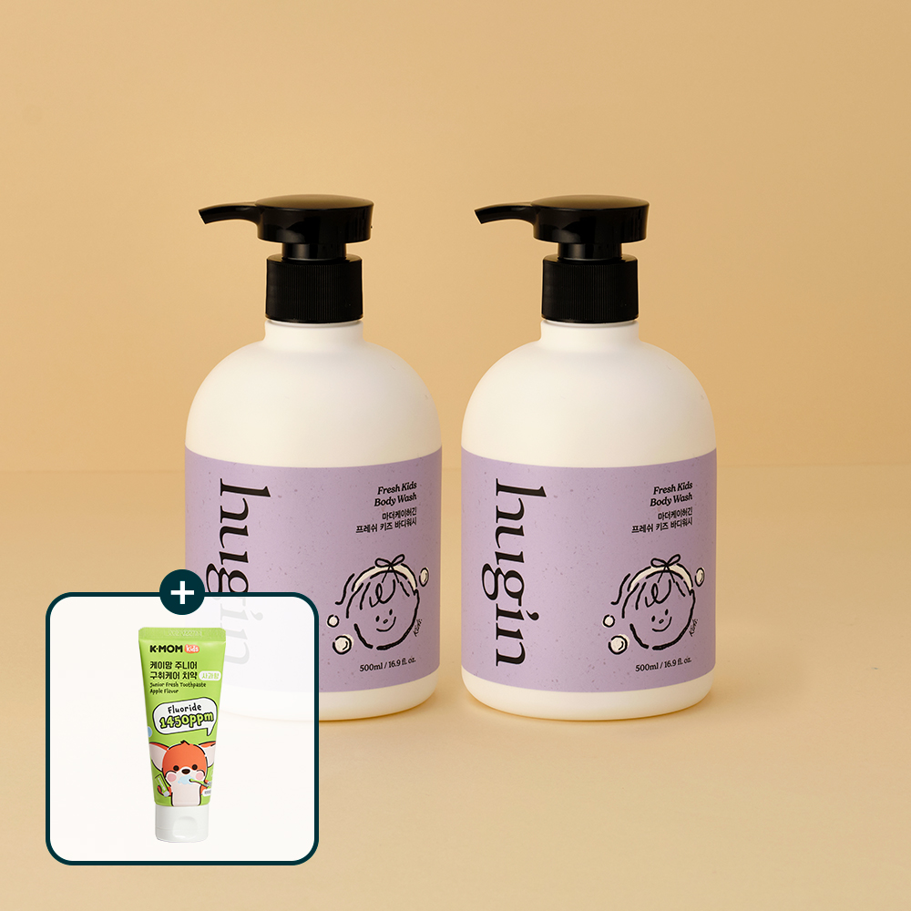 [고불소 치약 GIFT] 허긴 대용량 약산성 어린이용 수분 활력 저자극 프레쉬 키즈 바디워시 500ml, 2개