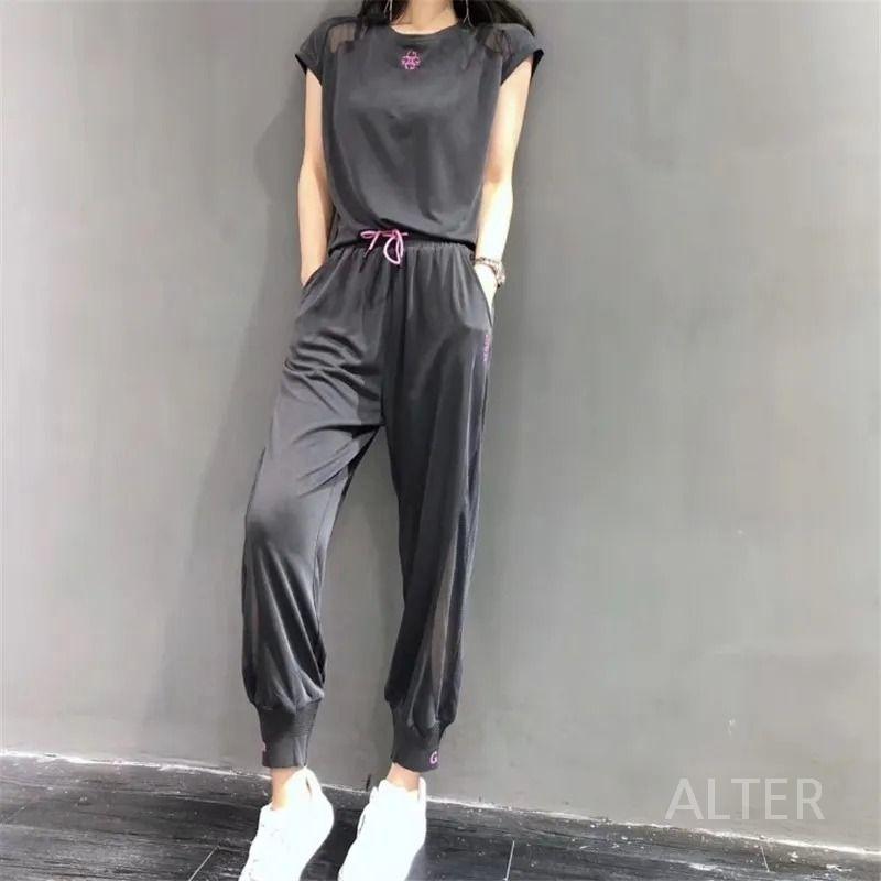 줌바 웨어 운동복 여성용 벨벳 세트 헬스복 캐주얼 반팔 회색 M 45kg - 상세 이미지 5
