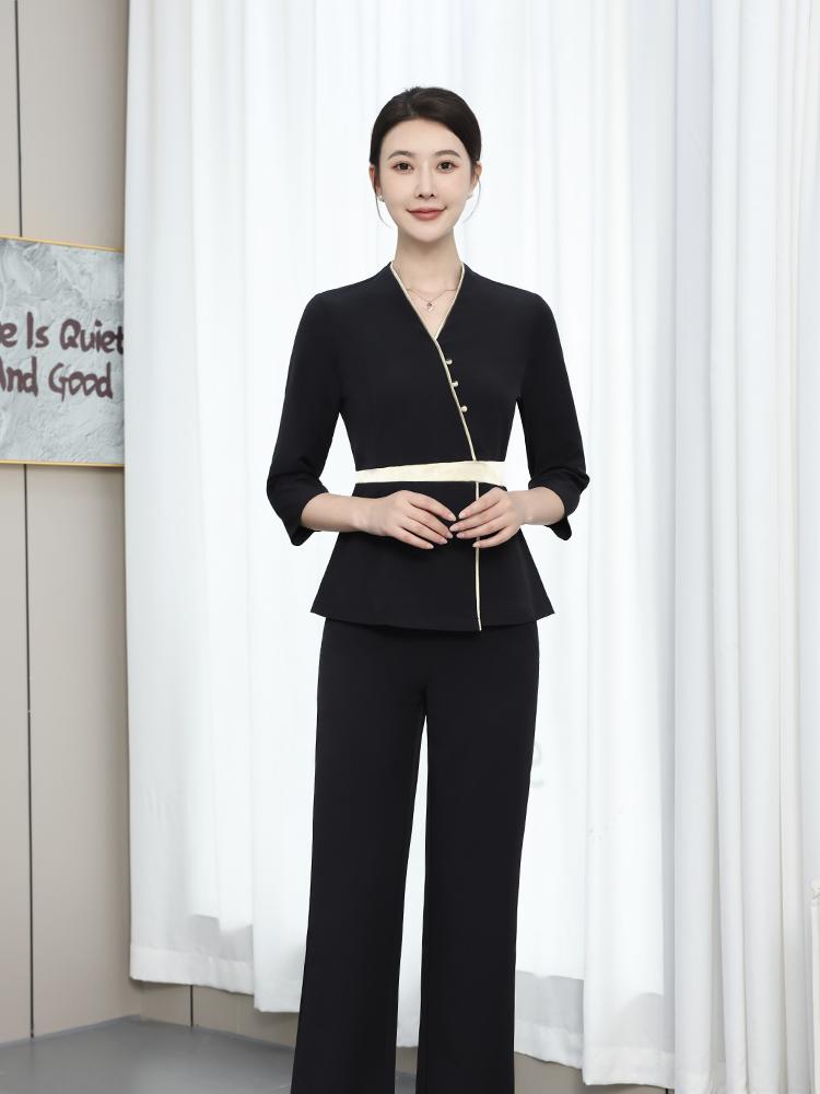 뷰티샵긴팔유니폼 피부관리사 마사지사 미용실 작업복 유니폼 세트 블랙 중간 소매 S - 메인 이미지