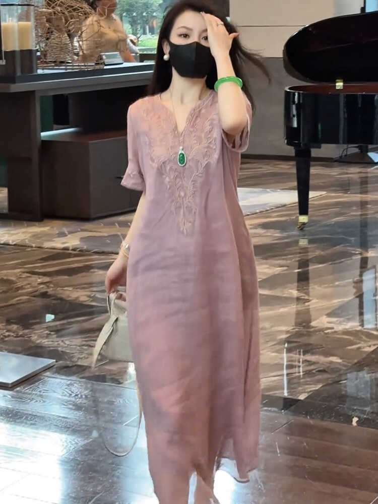 원피스 린넨 복고풍 엄마옷 루즈핏 느슨한 풍기인견 반팔 빅사이즈 롱원피스 여름원피스 라이트퍼플 S - 상세 이미지 2