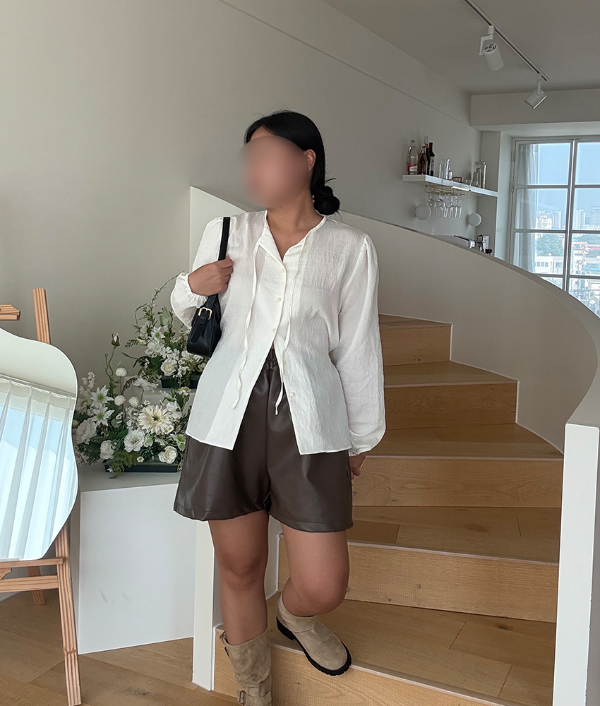 레더 벤자민 A라인 밴딩 반바지 - 상세 이미지 3