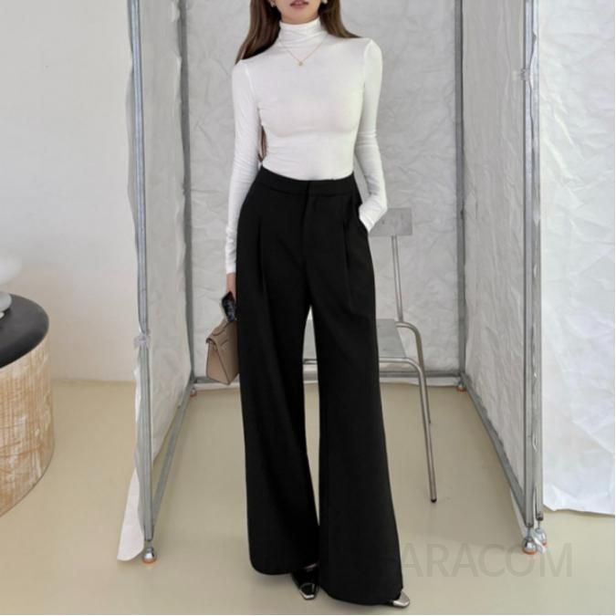 여성 겨울 하이웨스트 와이드 팬츠 캐주얼 정장바지 루즈핏 트렌디한 스타일 편안한 착용감 데일리 통바지 모직 소재 따뜻한 - 상품 이미지