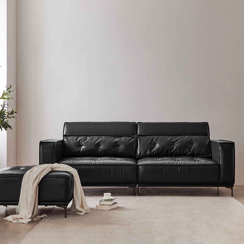 동서가구 브루클린 레트로 클래식 가죽 소파 스툴포함, 블랙, 4인용