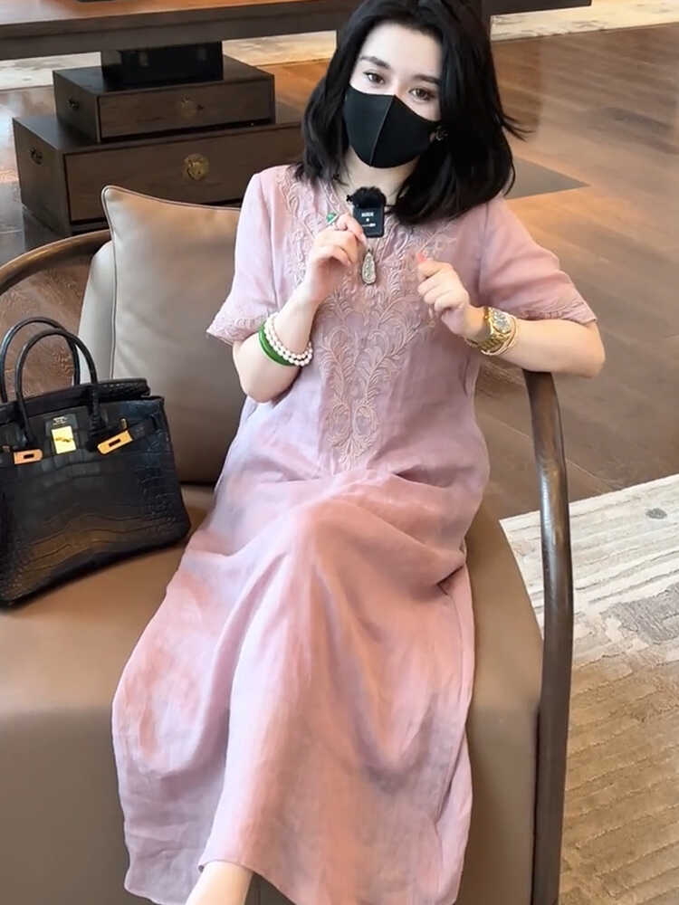 원피스 린넨 복고풍 엄마옷 루즈핏 느슨한 풍기인견 반팔 빅사이즈 롱원피스 여름원피스 라이트퍼플 S - 상세 이미지 4