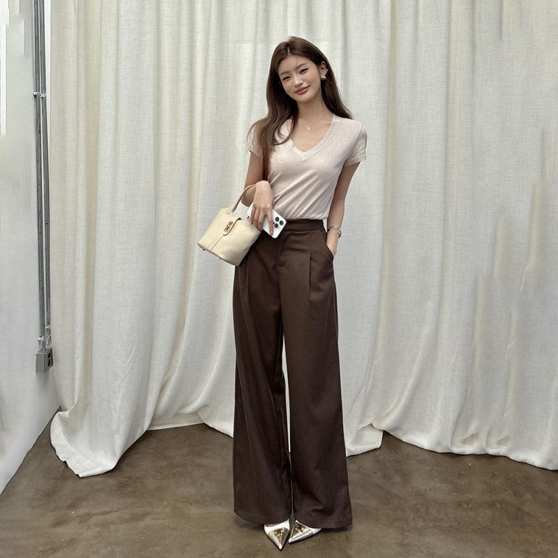 하이웨스트 와이드팬츠 여성 가을 겨울용 캐주얼 루즈핏 편안한 착용감 모직 소재 데일리 활용도 높은 스타일리시한 팬츠 - 상품 이미지