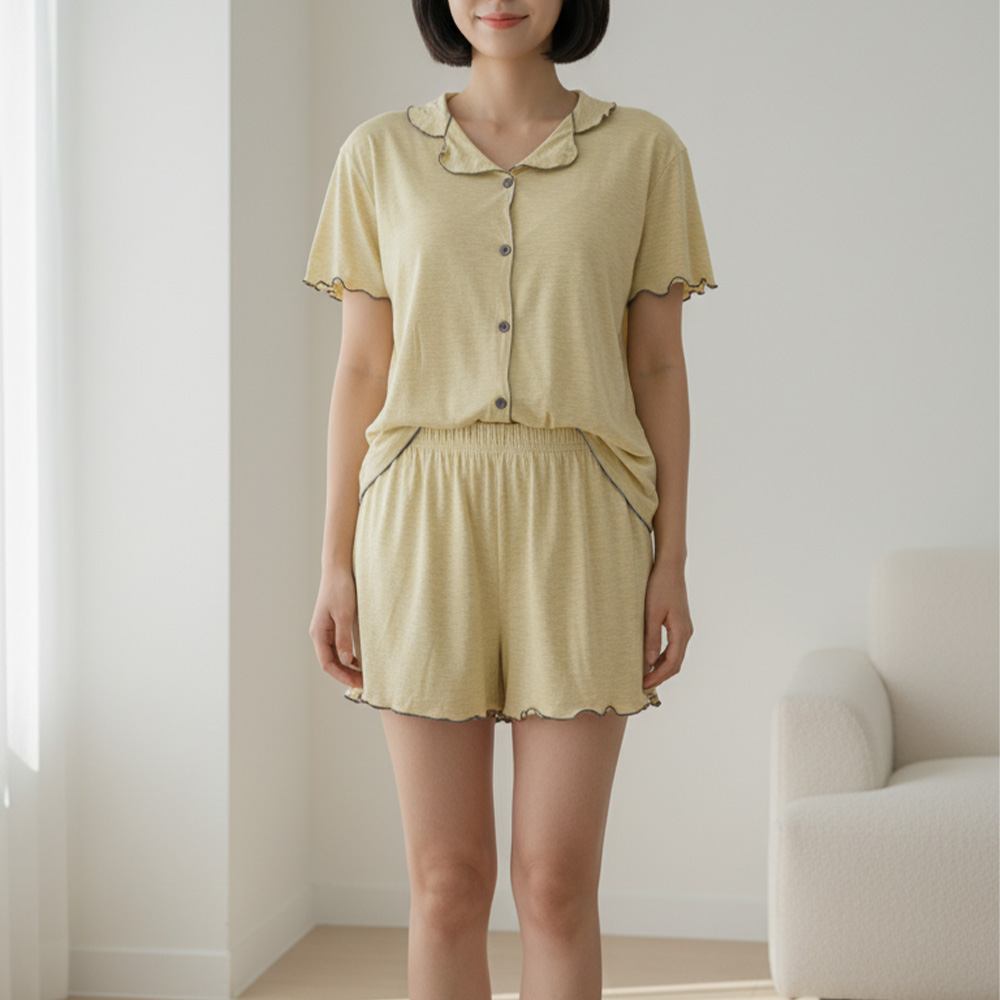 내츄럴 카라 노브라 캡내장 여름잠옷 홈웨어 반팔 반바지 파자마세트 short mustard - 상세 이미지 4