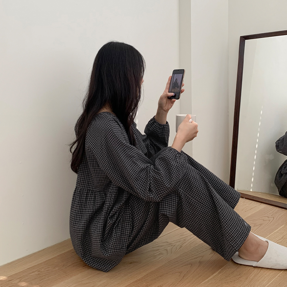 페블 체크 긴팔 커플파자마 남녀공용 잠옷세트 1color - 상세 이미지 3