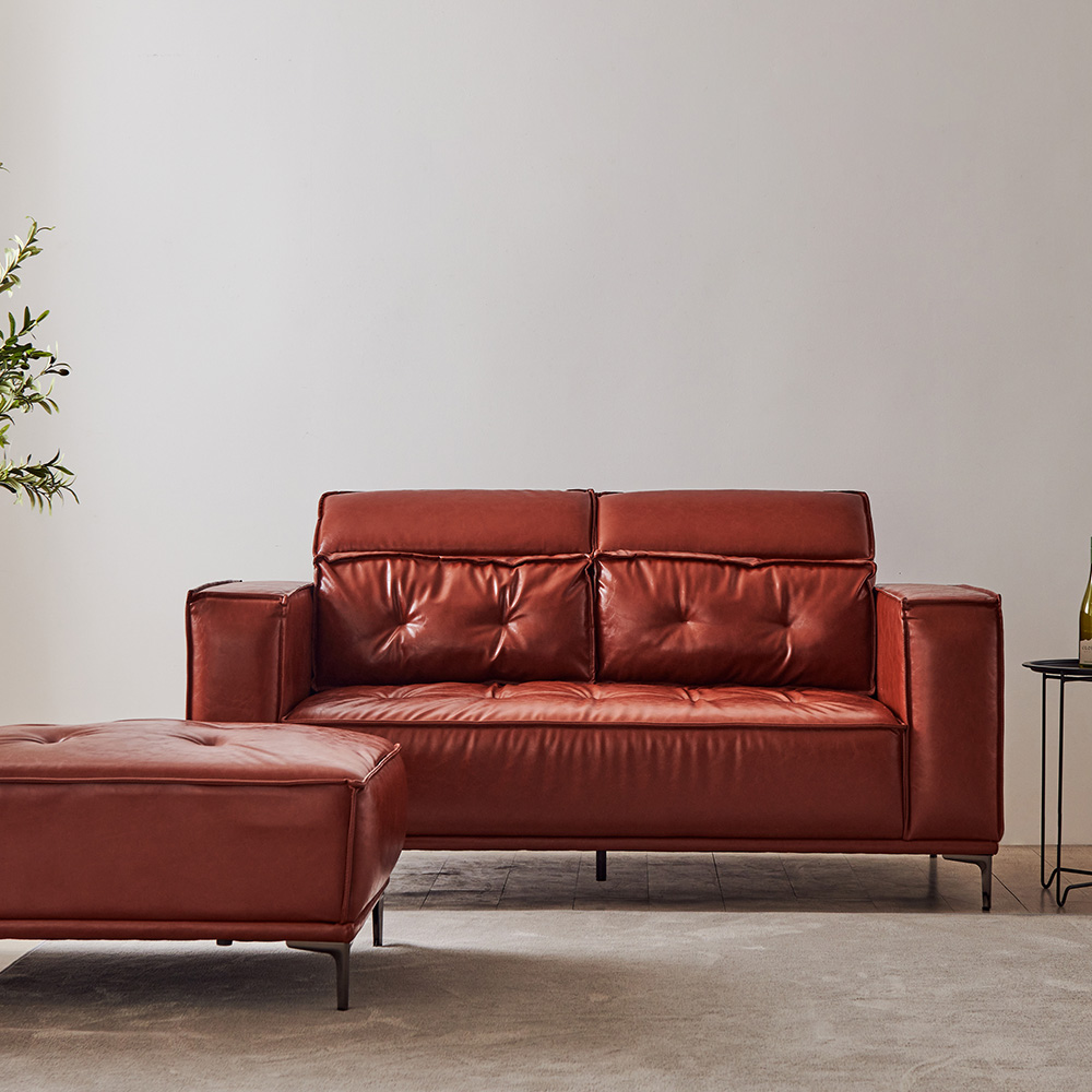 동서가구 브루클린 레트로 클래식 가죽 소파 스툴포함, 와인, 3인용