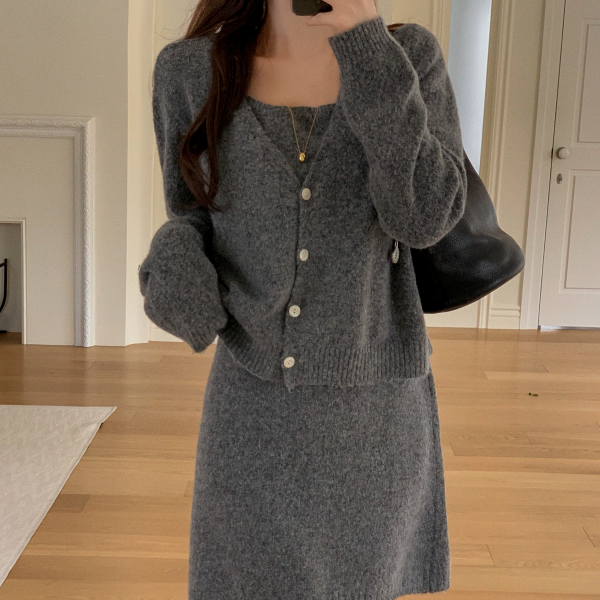 울 니트 나시 원피스 가디건 투피스 세트 st2954 제품 이미지