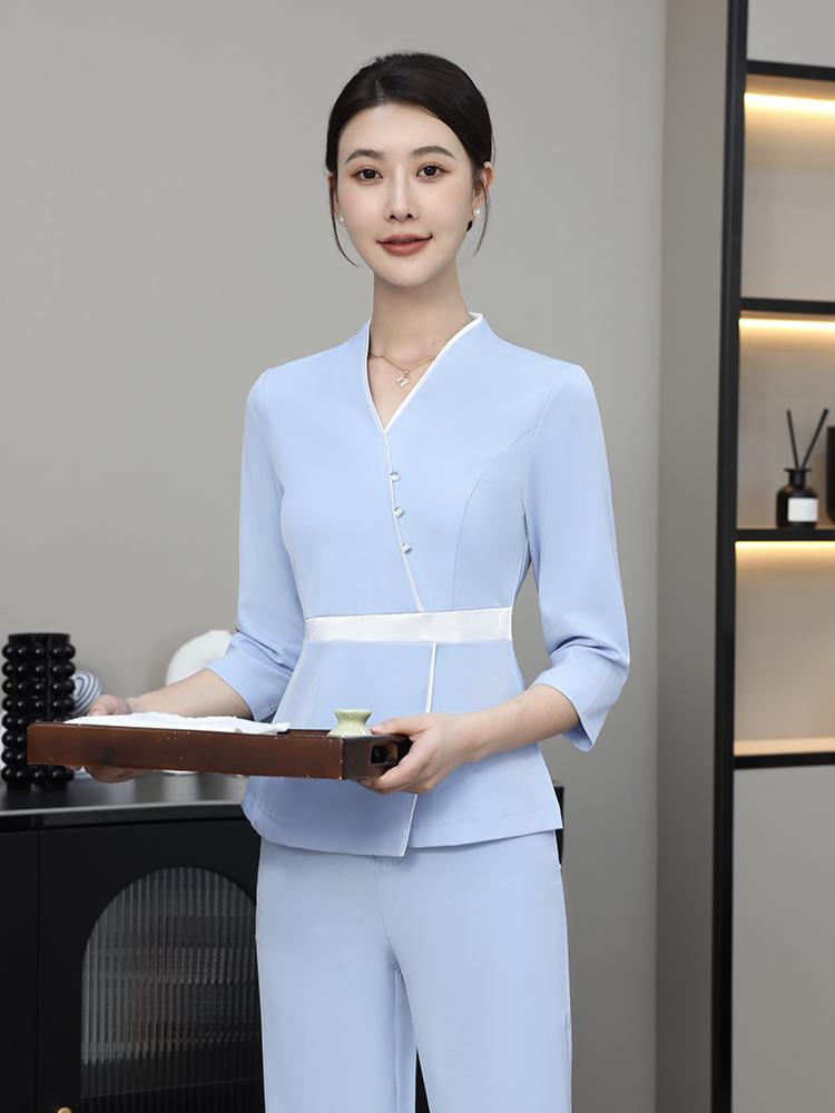 뷰티샵긴팔유니폼 피부관리사 마사지사 미용실 작업복 유니폼 세트 블랙 중간 소매 S - 상세 이미지 3