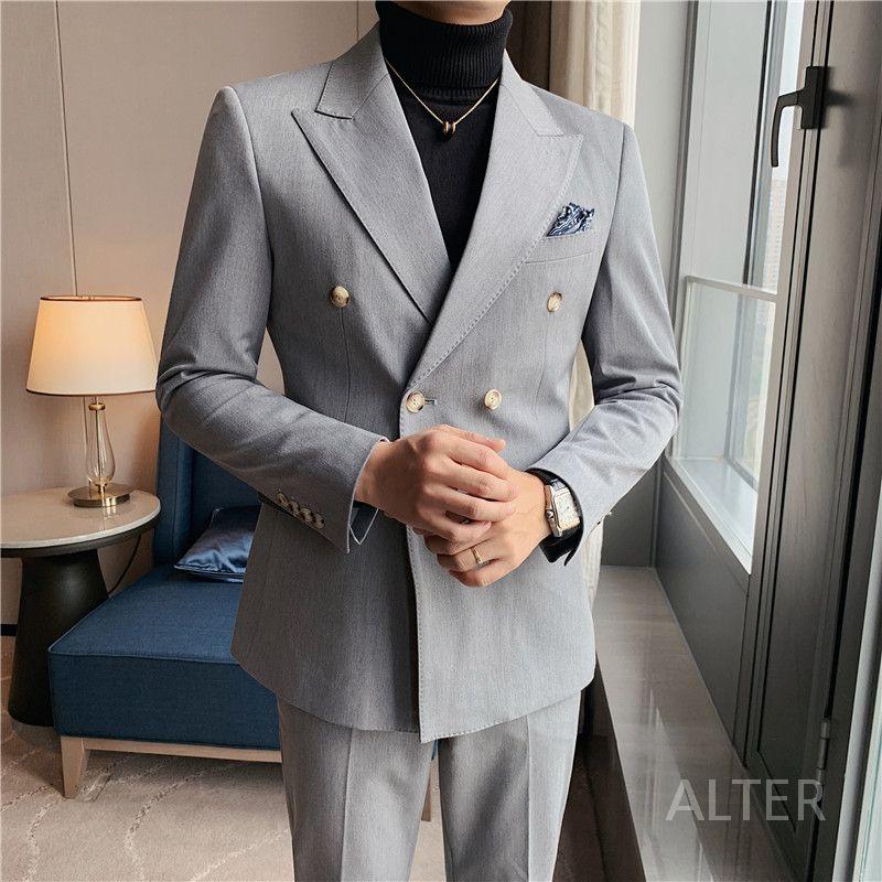 남자 코디 정장 드레스 더블 웨딩 남성 단추 남성용 봄 세트 블루 정장 세트 L (55-62.5kg) - 상세 이미지 5