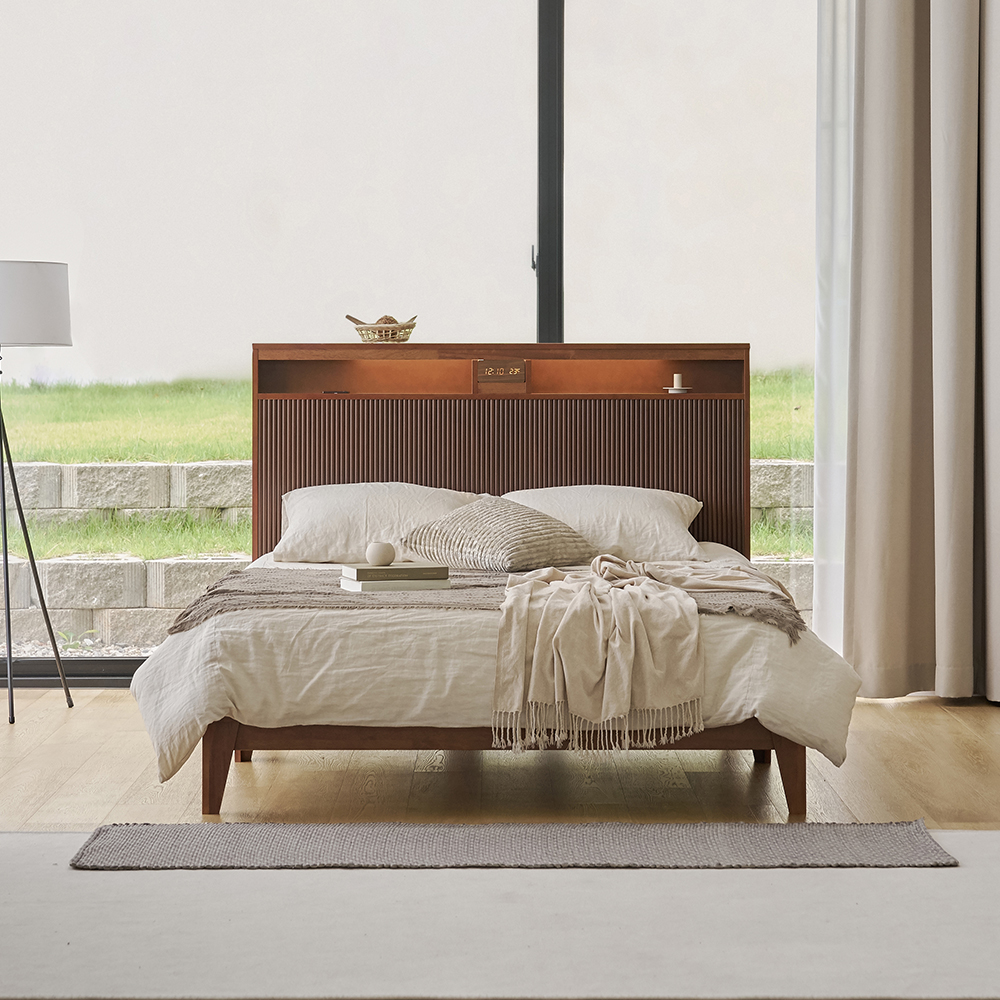 이바나 LED 조명 시계 원목 침대 서랍형 베드 Q/K공용