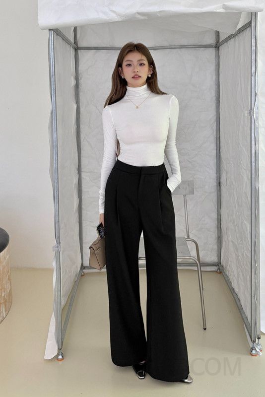 여성 겨울 하이웨스트 와이드 팬츠 캐주얼 정장바지 루즈핏 트렌디한 스타일 편안한 착용감 데일리 통바지 모직 소재 따뜻한 - 상세 이미지 5