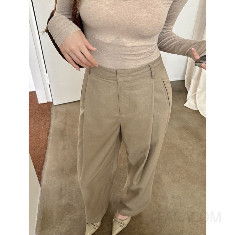 여성용 하이웨스트 와이드팬츠 가을 겨울용 카키색 모직 캐주얼 9부 길이 편안한 착용감 데일리 스타일링 코듀로이 밴딩 디자인 - 상세 이미지 2