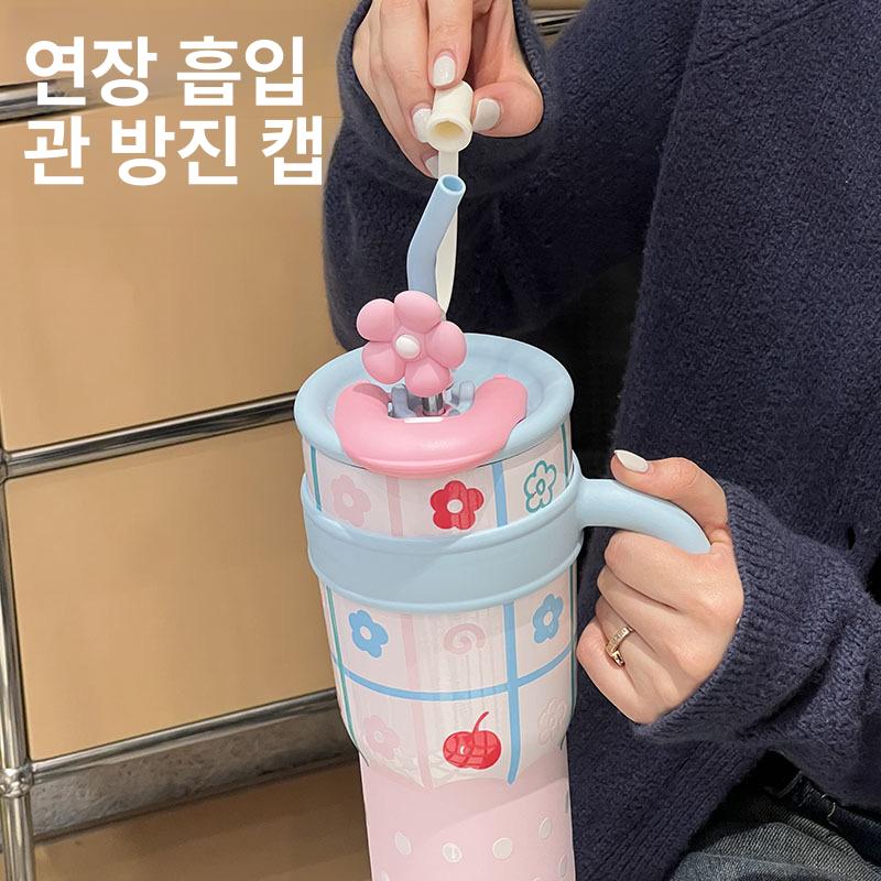 보온 보냉 텀블러 손잡이 대용량 빨대컵 파스텔 감성 스텐 물병 커피 컵 700ml 핑크캣 - 상세 이미지 2