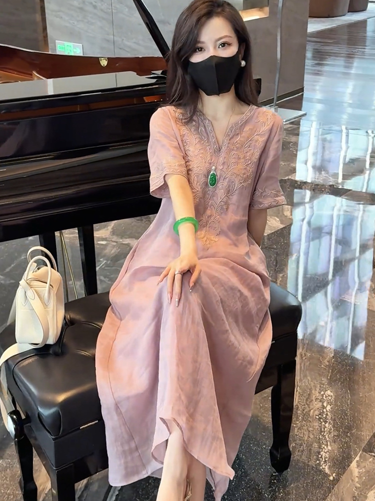 원피스 린넨 복고풍 엄마옷 루즈핏 느슨한 풍기인견 반팔 빅사이즈 롱원피스 여름원피스 라이트퍼플 S - 상세 이미지 3