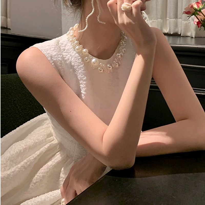 원피스 여름 시어서커원피스 스트라이프 롱원피스 바캉스룩 스퀘어넥 민소매 냉장고원피스 화이트 XL - 상세 이미지 4