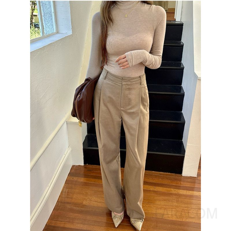 여성용 하이웨스트 와이드팬츠 가을 겨울용 카키색 모직 캐주얼 9부 길이 편안한 착용감 데일리 스타일링 코듀로이 밴딩 디자인 - 상세 이미지 4