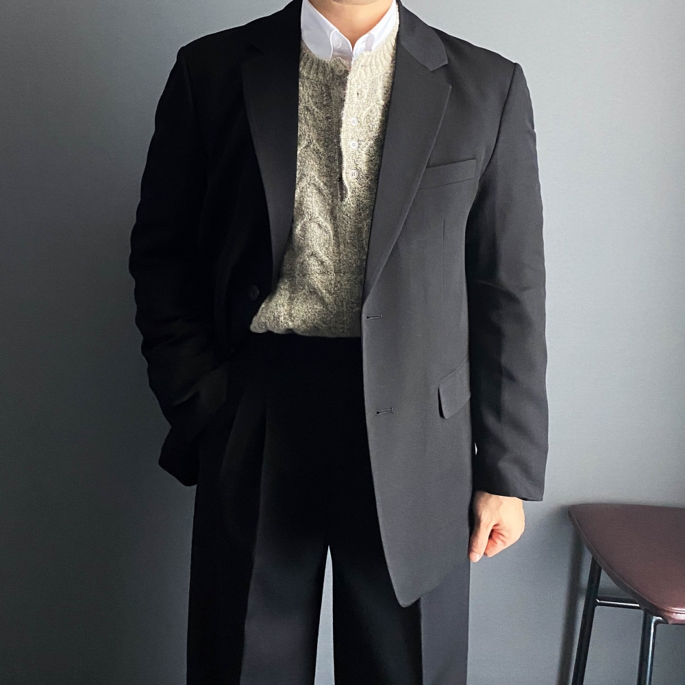남자 정장 수트 세트 그레이 블랙 블레이저 슬랙스 마이 하객룩 - 상세 이미지 5
