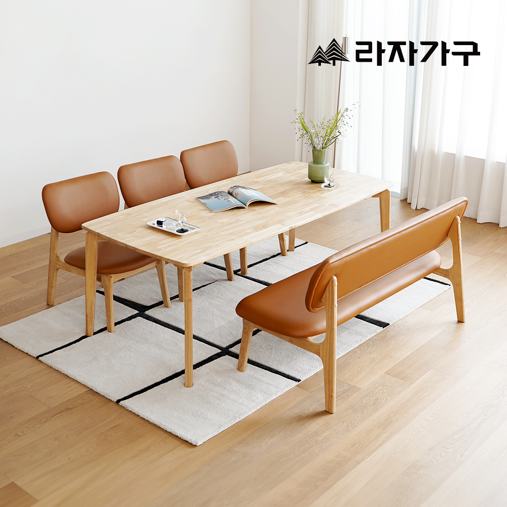 라자가구 브레드 포세린 세라믹 원목 낮은 식탁세트 테이블 거실 다이닝 원목식탁+의자3+벤치1, 1850mm, 의자-그레이
