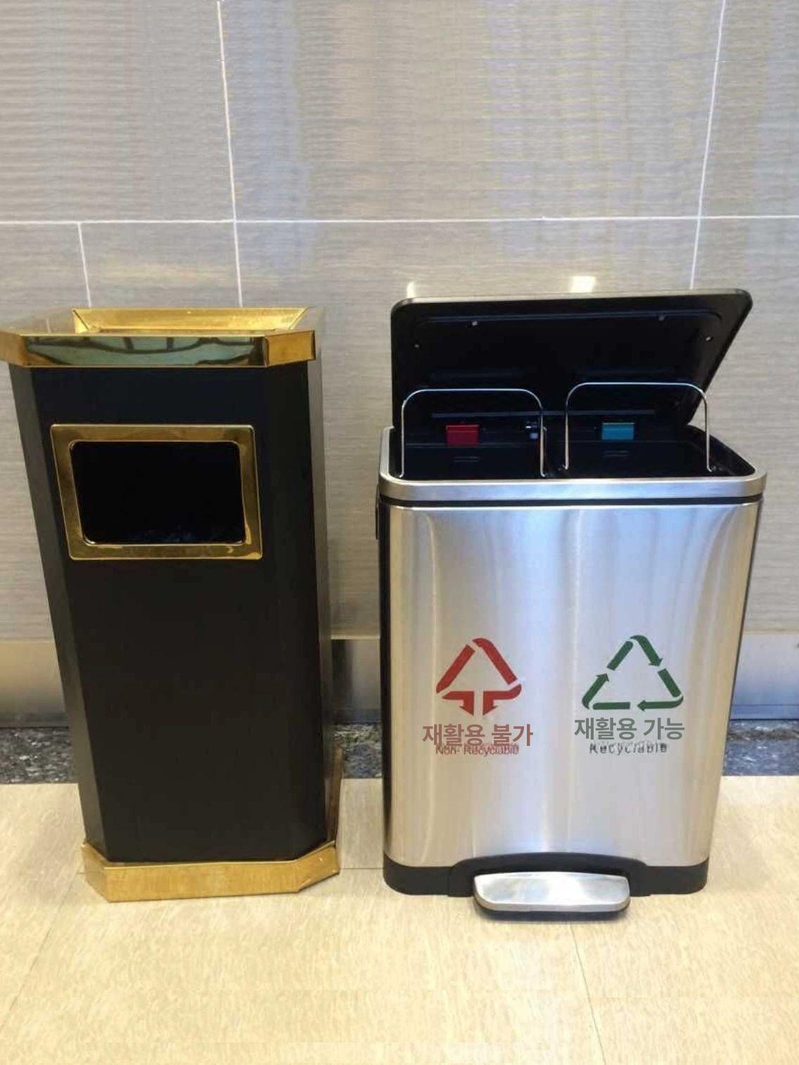 스텐 탕비실 쓰레기통 대용량 페달 실버 로비 음료 2구 30L 이중통 조용 A - 상세 이미지 2
