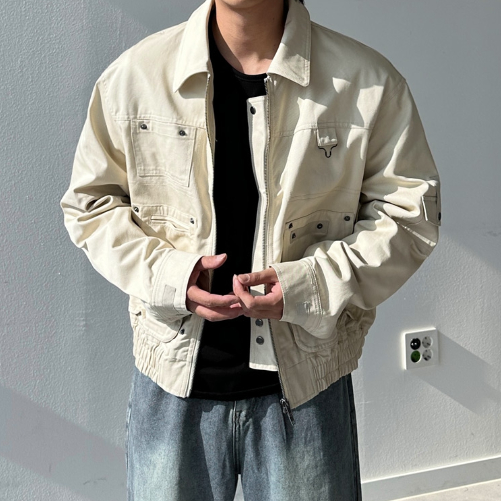 남자 코키 오버핏 봄 가을 포켓 면 크롭 자켓 - 상세 이미지 2