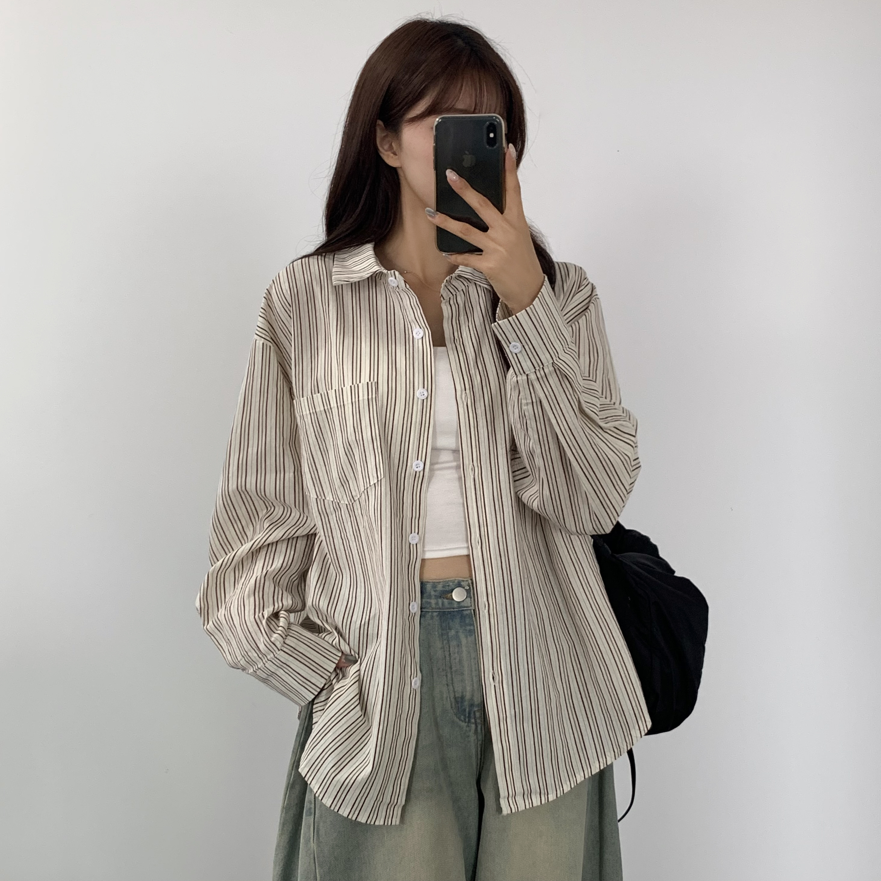 여성 가을 스트라이프 셔츠 블라우스 흰색 베이지 셔츠 오버핏 롱 남방 - 상세 이미지 4