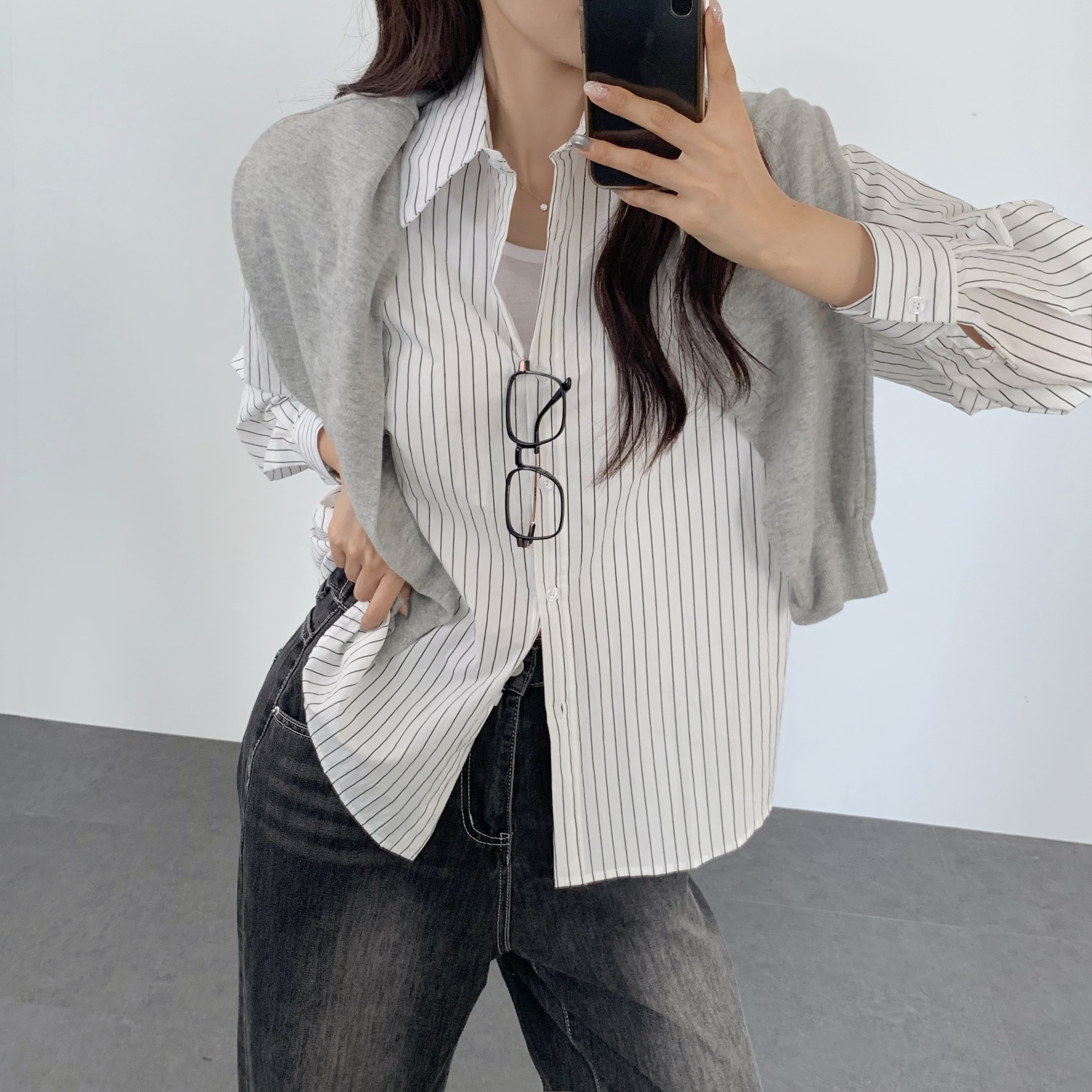 여성 가을 스트라이프 셔츠 루즈핏 오버핏 시스루 셔츠 체크남방 - 상품 이미지