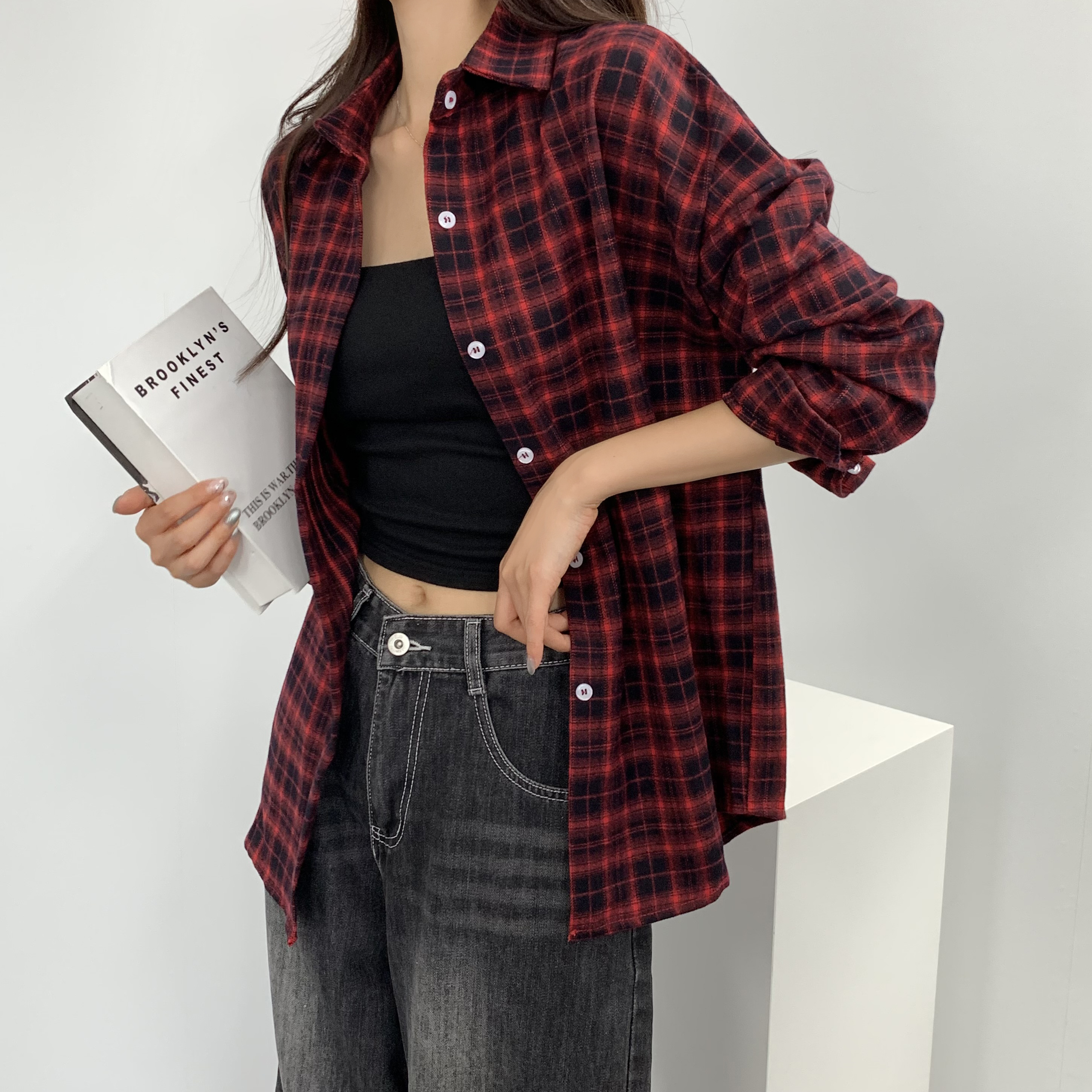 체크남방 여성 가을 잔체크 루즈핏 타탄 셔츠 이미지 7