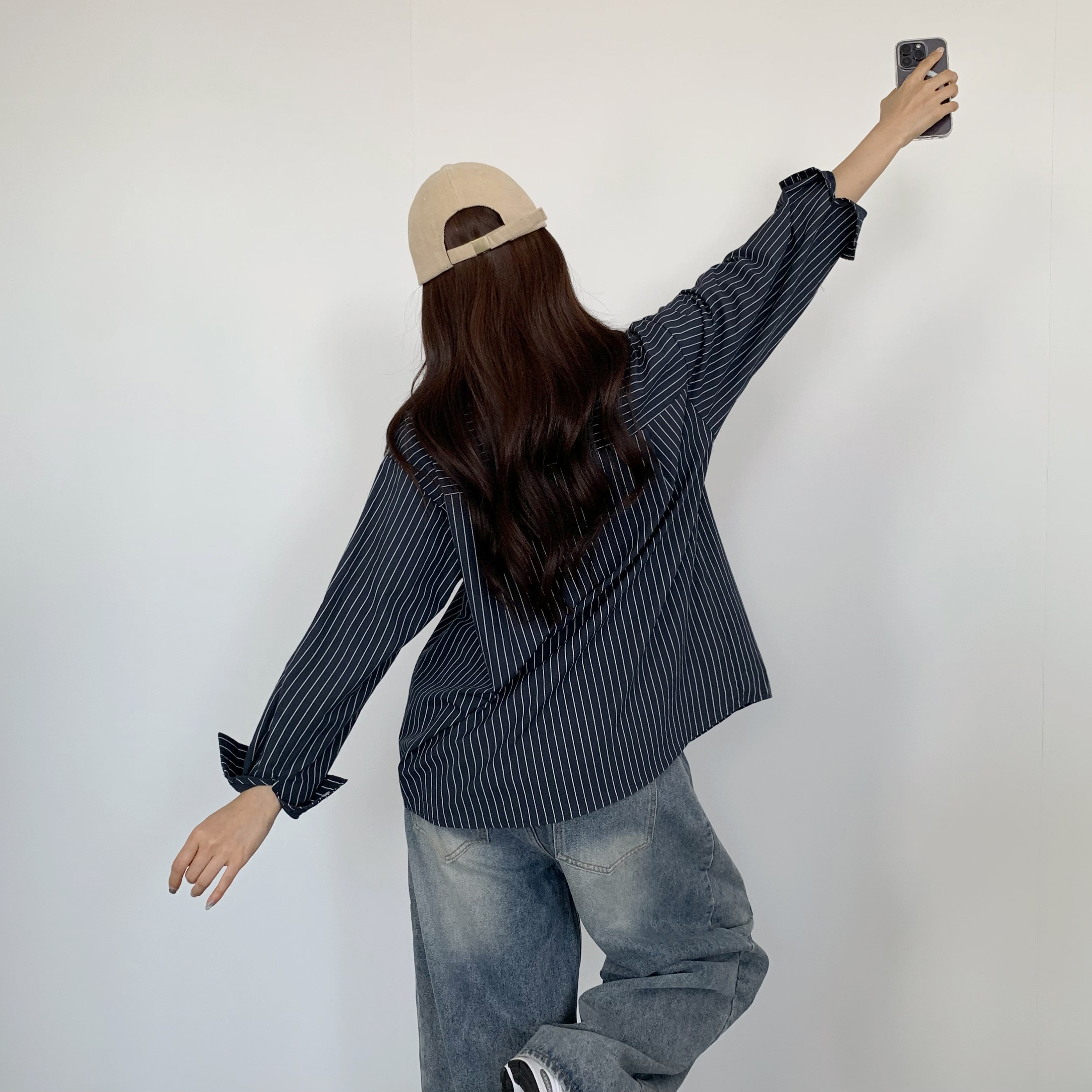 여성 가을 스트라이프 셔츠 루즈핏 오버핏 시스루 셔츠 체크남방 이미지 8