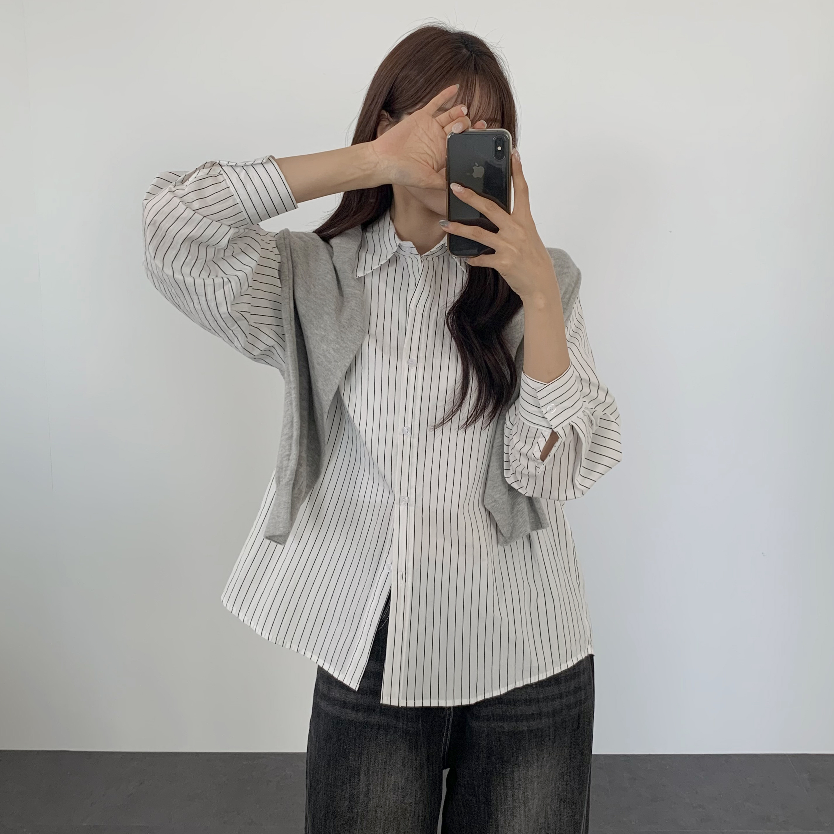 여성 가을 스트라이프 셔츠 루즈핏 오버핏 시스루 셔츠 체크남방 - 상세 이미지 5