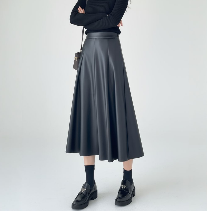가죽치마 무광 레더 롱 플레어 스커트 허리밴딩 국산 제품 이미지