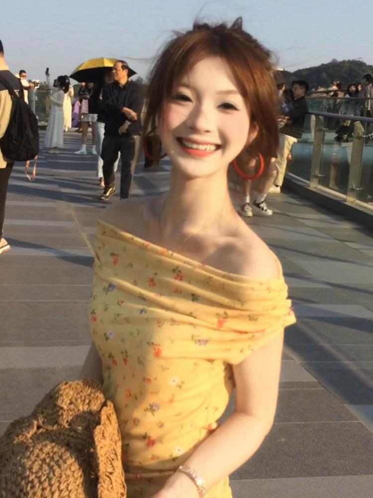 쉬폰 빈티지 플라워 잔꽃 원피스 브이넥 반팔 롱원피스 셔링 시스루 믹스 핀턱 슬림핏 오렌지 S - 상세 이미지 3