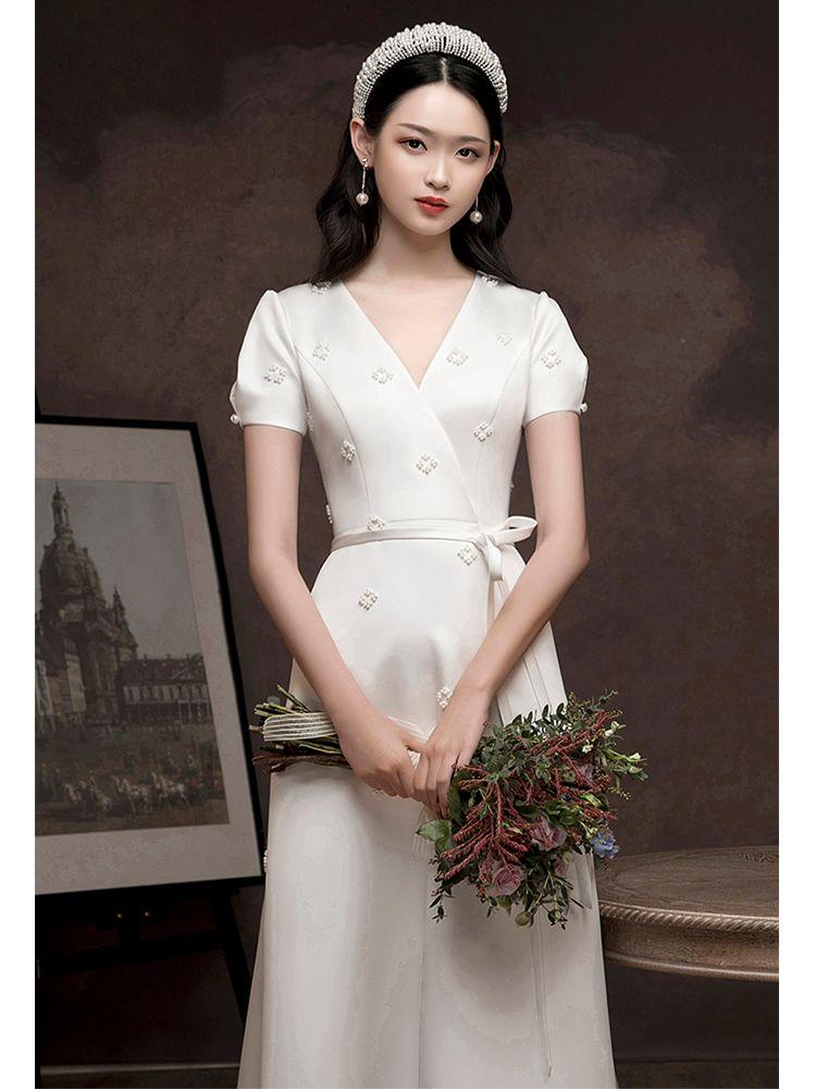 드레스 셀프 웨딩 파티룩 공연 신부 촬영 혼주 결혼식 하객 퓨전 피로연 웨딩드레스 아이보리화이트 롱 XS - 상품 이미지