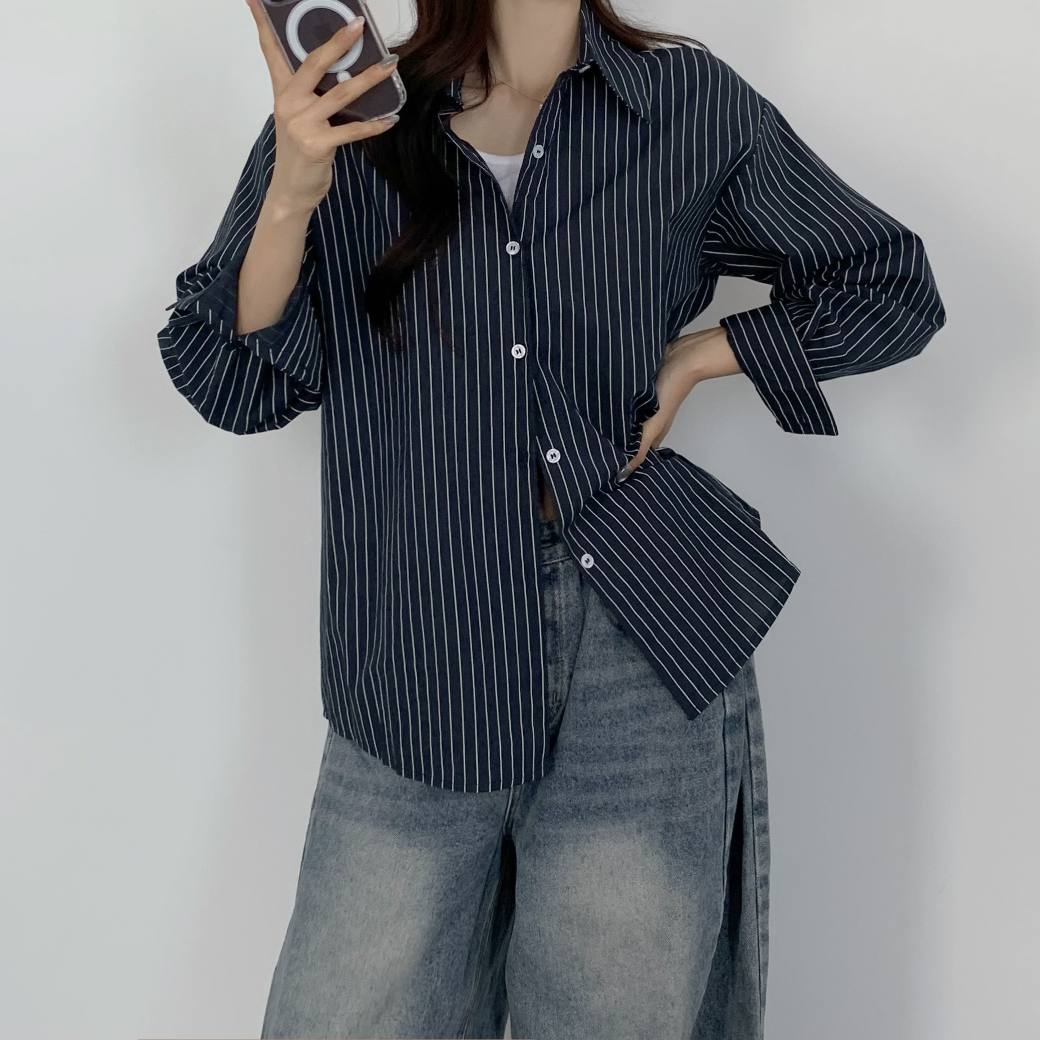 여성 가을 스트라이프 셔츠 루즈핏 오버핏 시스루 셔츠 체크남방 이미지 6