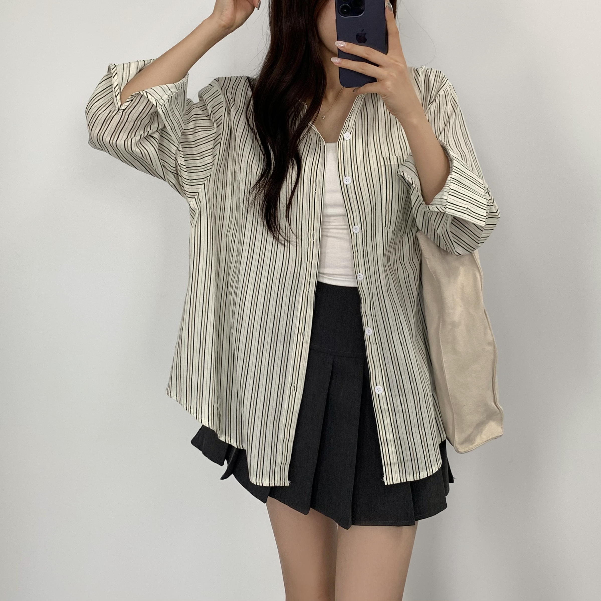여성 가을 스트라이프 셔츠 블라우스 흰색 베이지 셔츠 오버핏 롱 남방 이미지 6