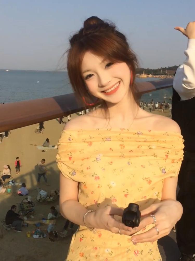 쉬폰 빈티지 플라워 잔꽃 원피스 브이넥 반팔 롱원피스 셔링 시스루 믹스 핀턱 슬림핏 오렌지 S - 상품 이미지
