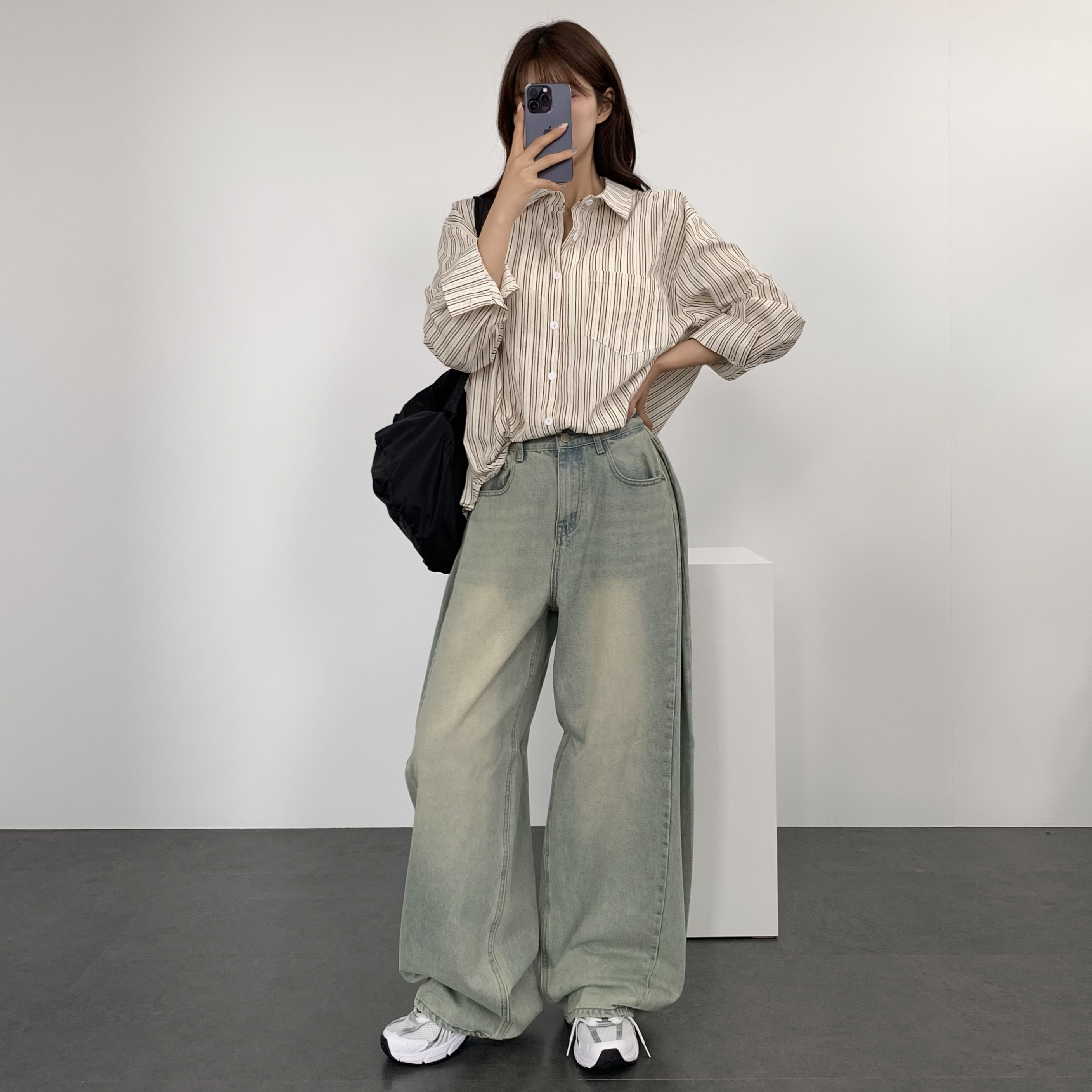 여성 가을 스트라이프 셔츠 블라우스 흰색 베이지 셔츠 오버핏 롱 남방 - 상세 이미지 5