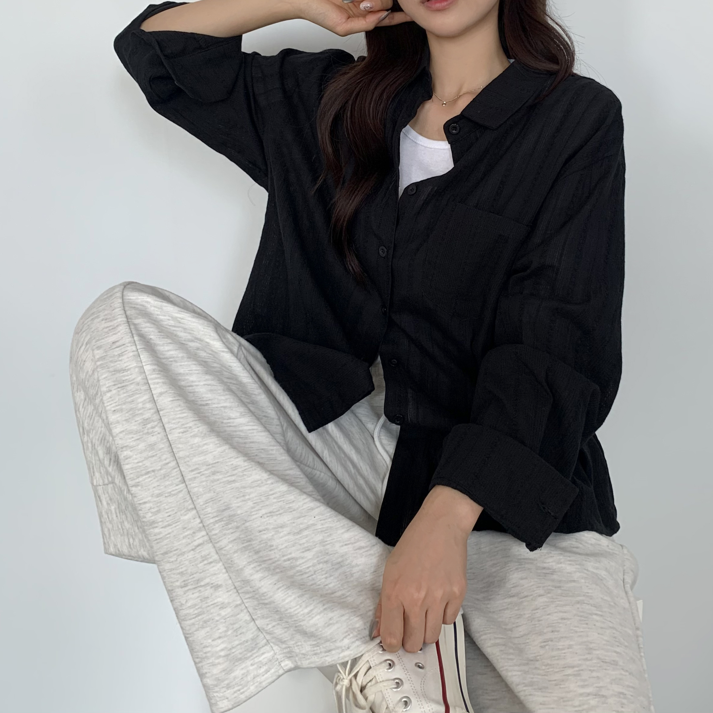 여성 가을 스트라이프 루즈핏 오버핏 시스루 셔츠 남방 오피스룩 이미지 6