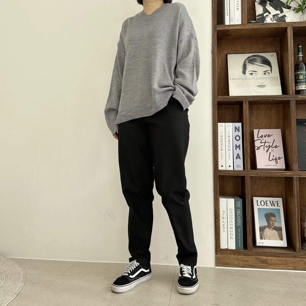 빅사이즈 브이넥 긴팔 박시 니트 티 봄 가을 그레이 브라운 오버 루즈핏 데일리 티셔츠 이미지 7