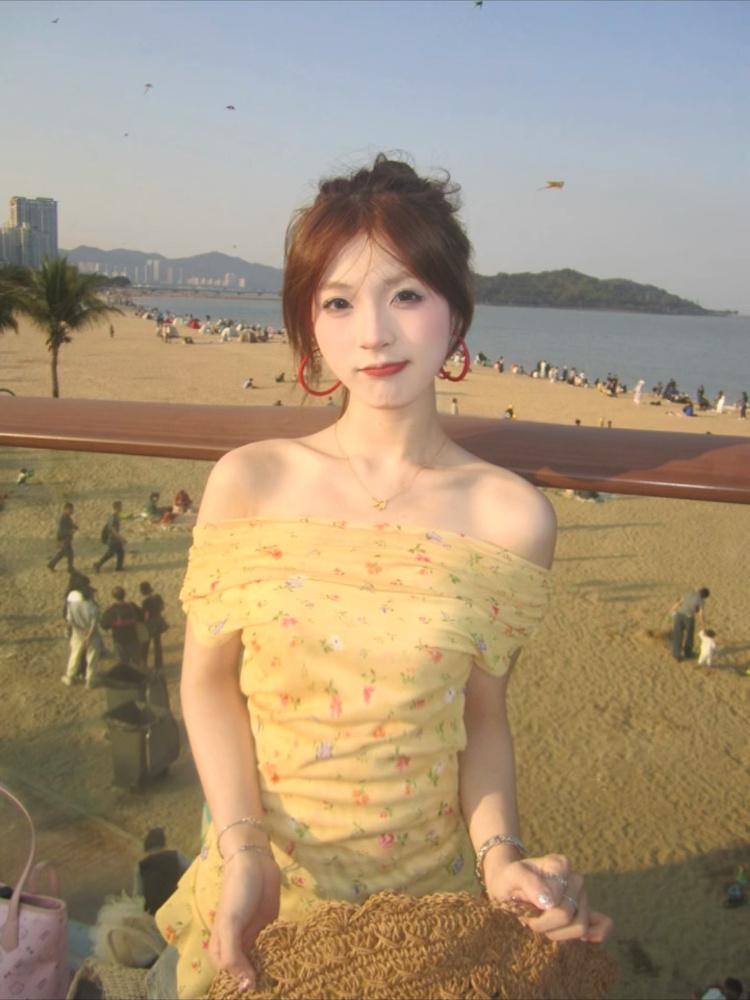 쉬폰 빈티지 플라워 잔꽃 원피스 브이넥 반팔 롱원피스 셔링 시스루 믹스 핀턱 슬림핏 오렌지 S - 상세 이미지 2