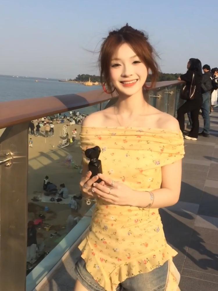 쉬폰 빈티지 플라워 잔꽃 원피스 브이넥 반팔 롱원피스 셔링 시스루 믹스 핀턱 슬림핏 오렌지 S - 상세 이미지 4