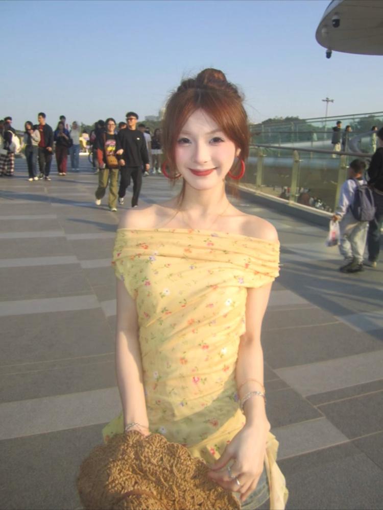 쉬폰 빈티지 플라워 잔꽃 원피스 브이넥 반팔 롱원피스 셔링 시스루 믹스 핀턱 슬림핏 오렌지 S - 상세 이미지 5