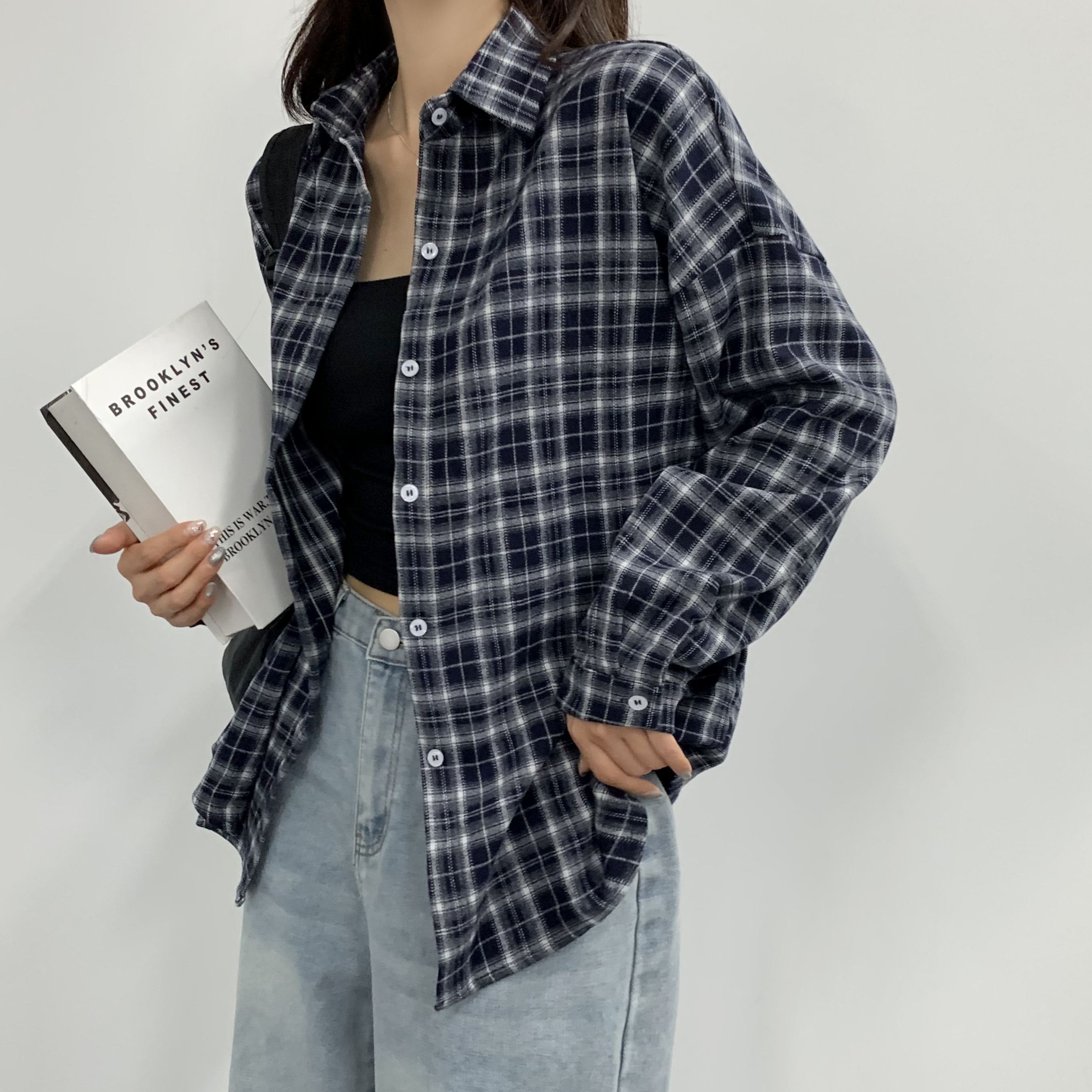 체크남방 여성 가을 잔체크 루즈핏 타탄 셔츠 - 상품 이미지