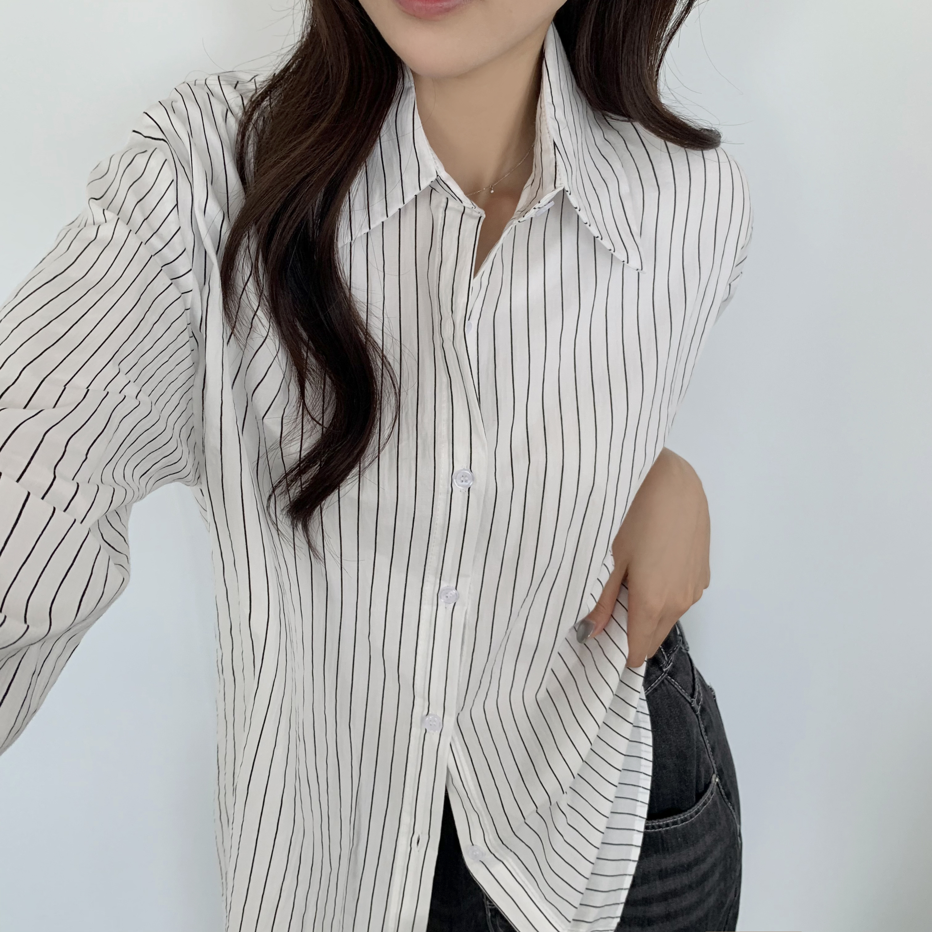 여성 가을 스트라이프 셔츠 루즈핏 오버핏 시스루 셔츠 체크남방 - 상세 이미지 4